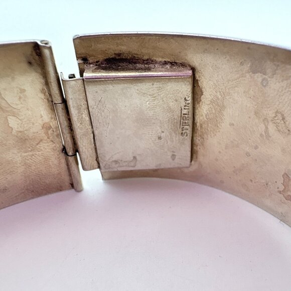 Sterling Silver Turquoise Inlay Aztec Calendar Motifs Hinged Cuff Bracelet 6.75" - Picture 6 of 11